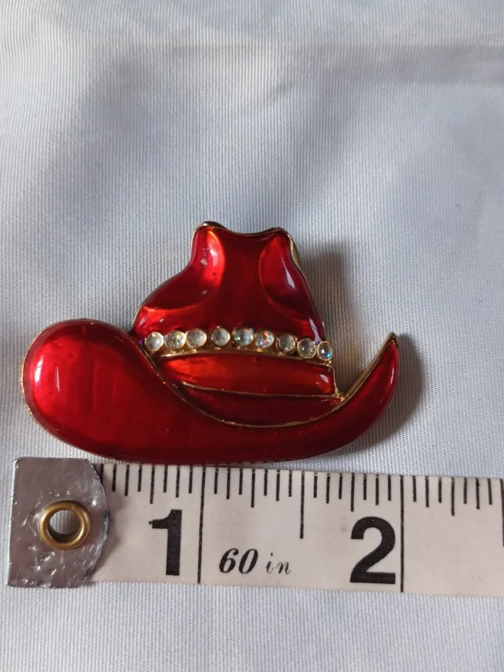 Vintage Red Enamel Rhinestone Cowgirl Hat Brooch Pin Cowboy Western 2 Inch